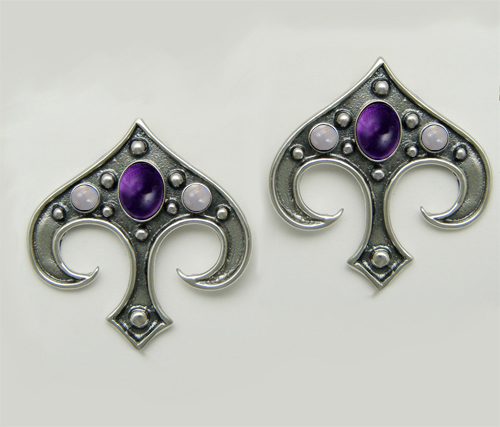 Sterling Silver Gothic Inspired Drop Dangle Earrings With Amethyst And Rainbow Moonstone